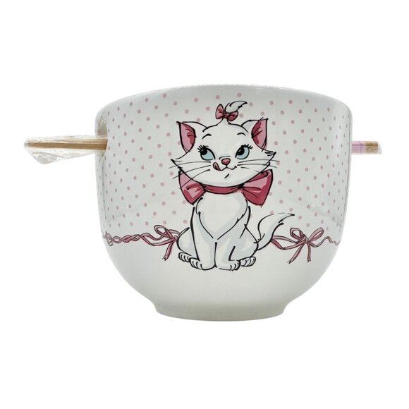 Disney Marie Aristocats Ceramic Ramen Bowl and Chopsticks Set White Pink Dots - Picture 1 of 10